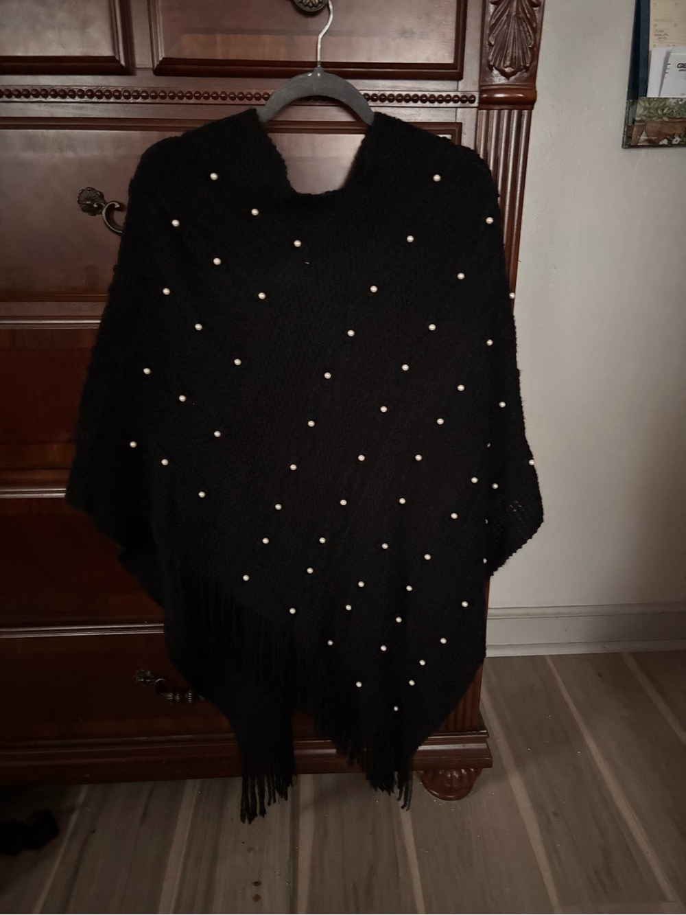 NWOT Black Knit Pearl-Embellished Poncho